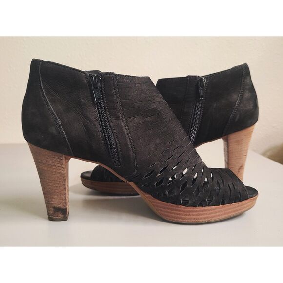 Paul Green Black Laser Cut Bootie Ankle Boots High Heels US 6.5 Peep Toe Suede - Picture 6 of 7